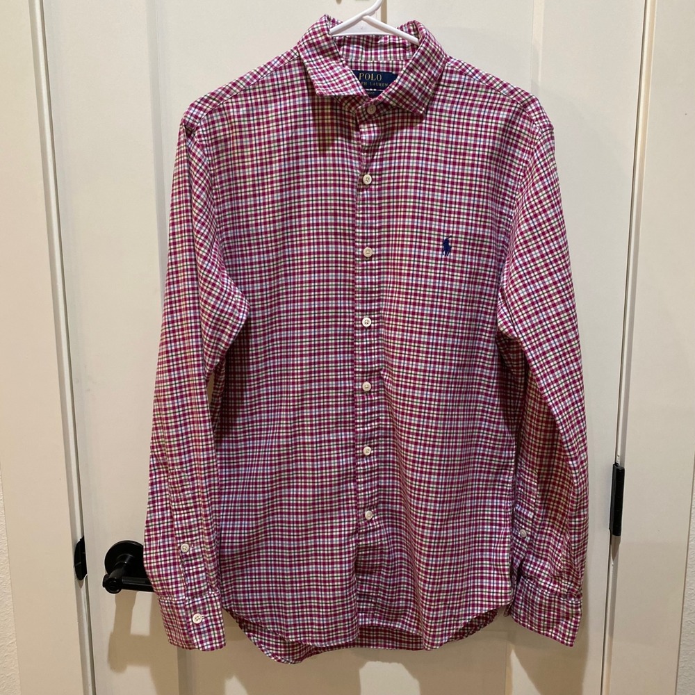 Polo Ralph Lauren Slim Fit Shirt Mens Medium Magenta Green Plaid Check LS